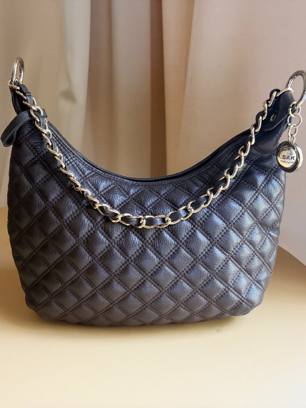 The Sak Pink Label Brown Quilted Leather Shoulder Bag Chain Strap Hobo